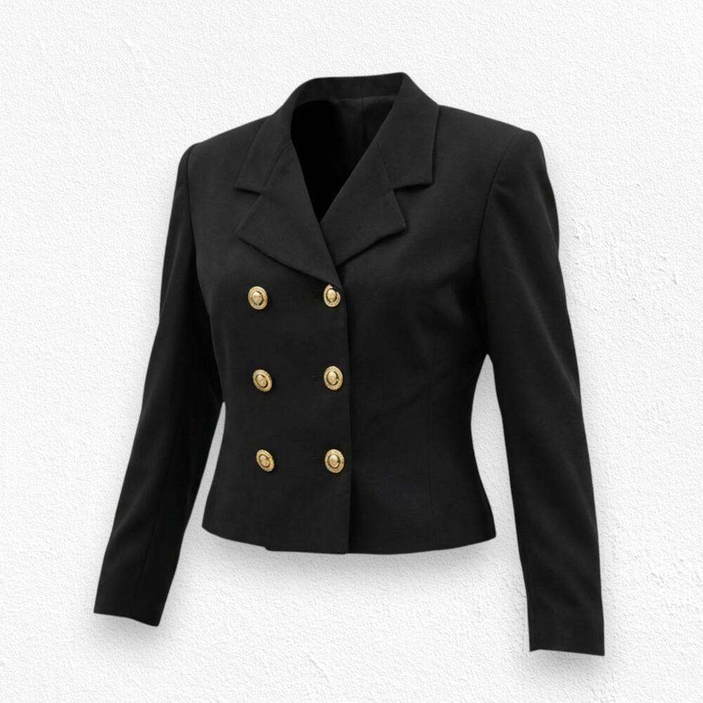 80s Vintage Black Double Breasted Deadstock Oleg Cassini Cropped Blazer Size 8
